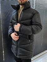 Очень теплое мужское пальто-пуховик без капюшона черное (Турция) - S, M, L, XL