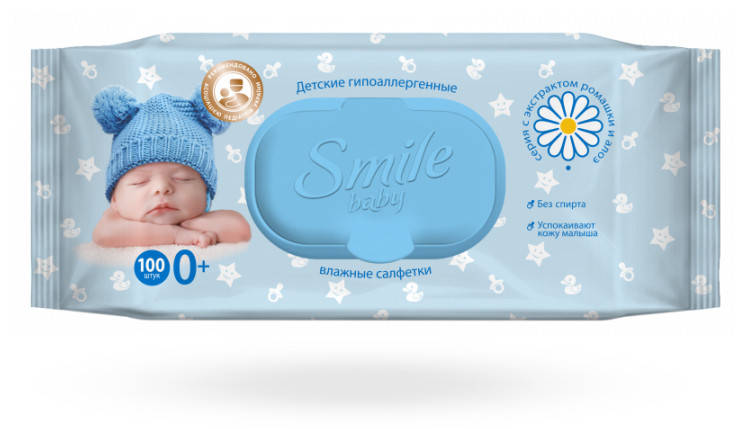 Дитячі вологі серветки Smile Baby з екстрактом ромашки, алое і вітамінним комплексом з клапаном, 100 шт, фото 2