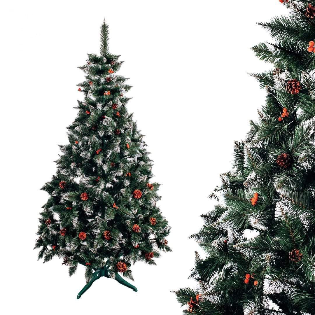 Ялинка штучна Різдвяна зелена з білими кінчиками з шишками та калиною 150 см