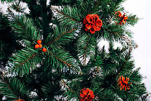 Ялинка штучна Різдвяна зелена з білими кінчиками з шишками та калиною 150 см, фото 2