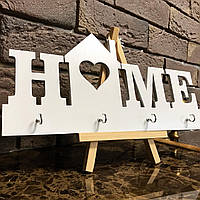 Ключница "Home" деревянная белая черная с фамильной гравировкой 4 крючка ширина 30 см