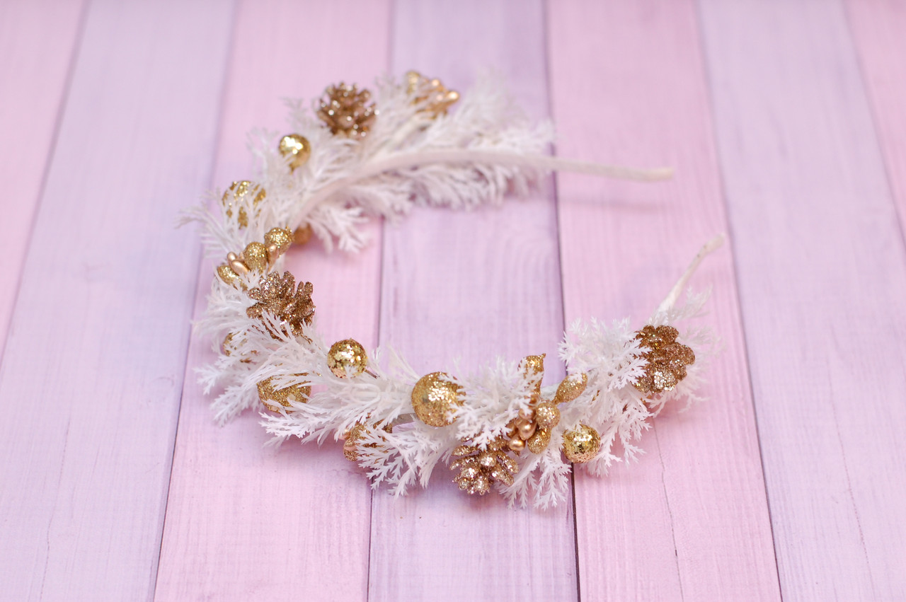 Обруч для волосся новорічний біло-золотий з шишками 497, фото 1