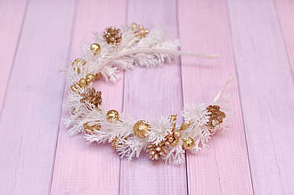 Обруч для волосся новорічний біло-золотий з шишками 497
