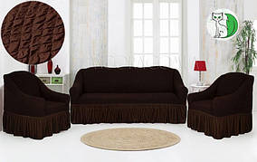 Турецький чохол на диван і крісла коричневий з оборкою Concordia (чохли для меблів)