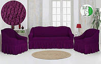 Универсальные Чехлы на диван и 2 кресла с юбкой, оборкой натяжные Concordia фиолетовый