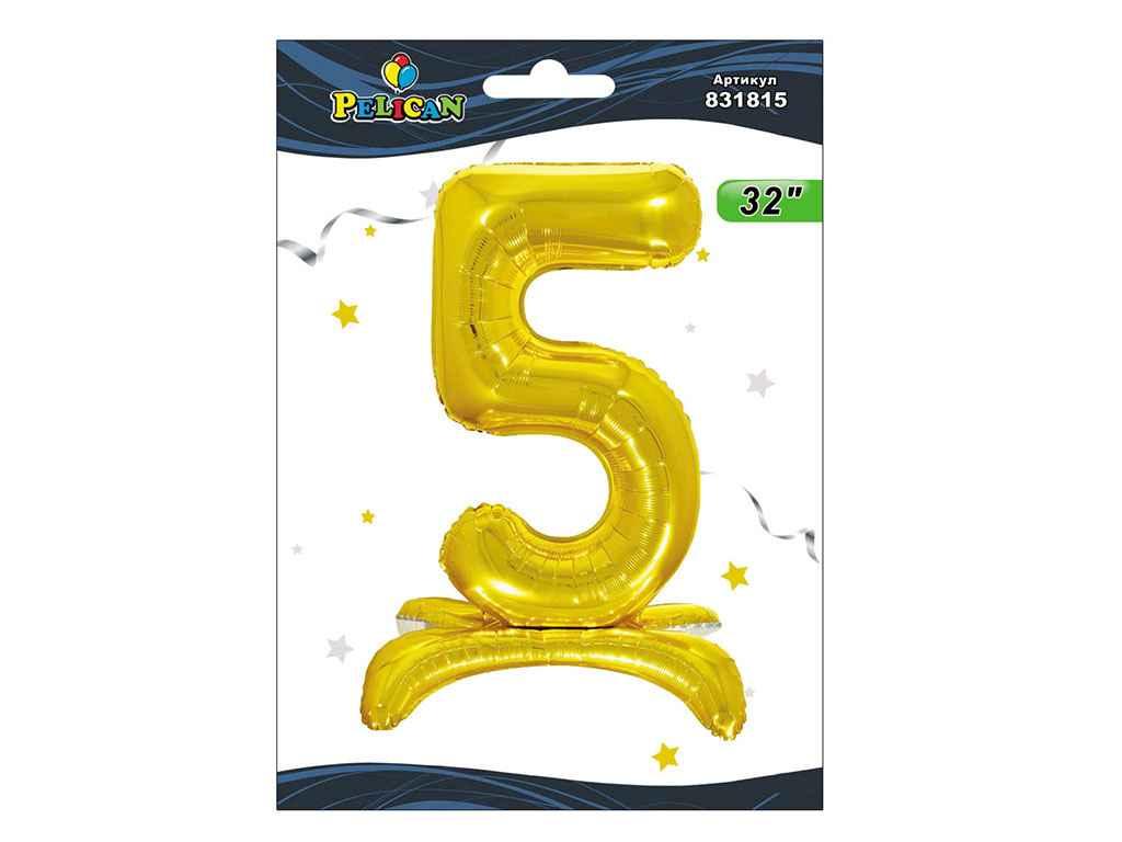 Кулька фольгована цифра на підставці 5 ЗОЛОТО 80см. 831815 ТМ PELICAN, фото 1