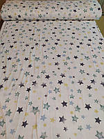 Тканина муслін сірі та м'ятні зірки на білому тлі Туреччина ширина 160 см для пелюшок хлопчиків і дівчаток
