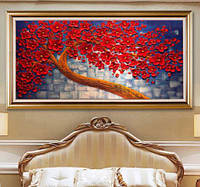 Алмазная мозаика вышивка круглыми стразами Волшебное дерево с красными цветами, большого размера 100х40см