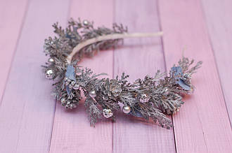 Обруч для волосся / обідок на голову новорічний сіро-сріблястий з шишками 498