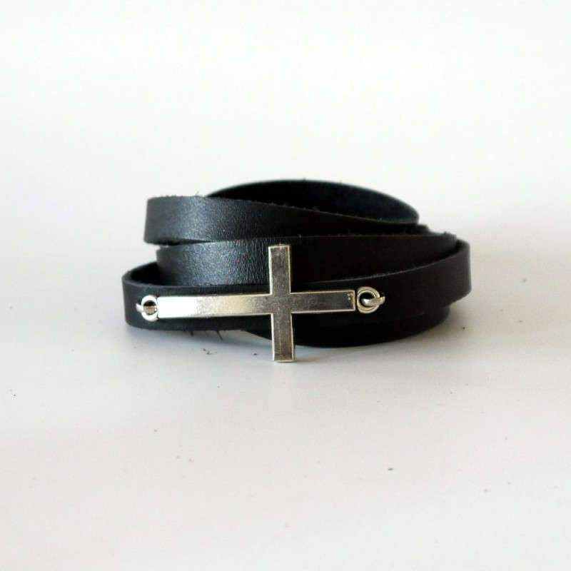 Браслет обгортка із натуральної шкіри з хрестом із нержавіючої сталі регулюється кнопками, фото 1