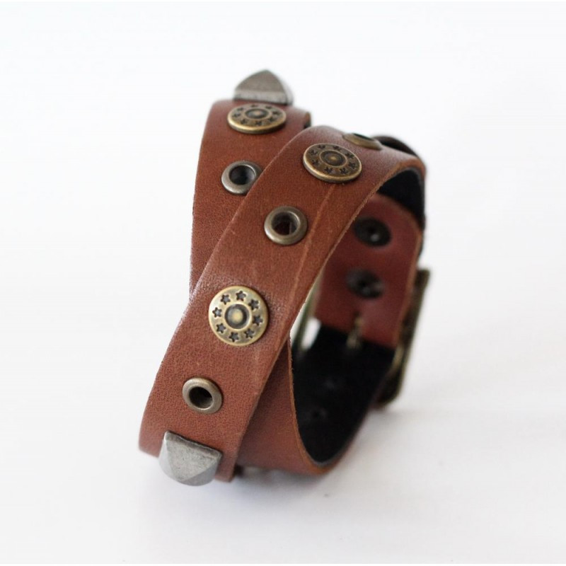 Браслет-обгортка шкіряний з конусними заклепками та люверсами регулюється пряжкою, фото 1