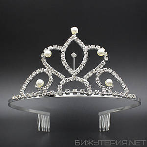 Корона діадема висота 5.5 см на металевій основі з гребінцями сріблястого кольору зі стразами і перлами