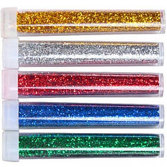 Набір Пісочки Блискітки Глітери для Дизайну Ногтів у Колбах, 5 кольорів по 5 грамів, сет із Зеленим