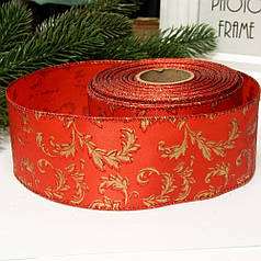 Новорічна стрічка "Гілочки" 6.3 см червона  із золотом, дротяний край