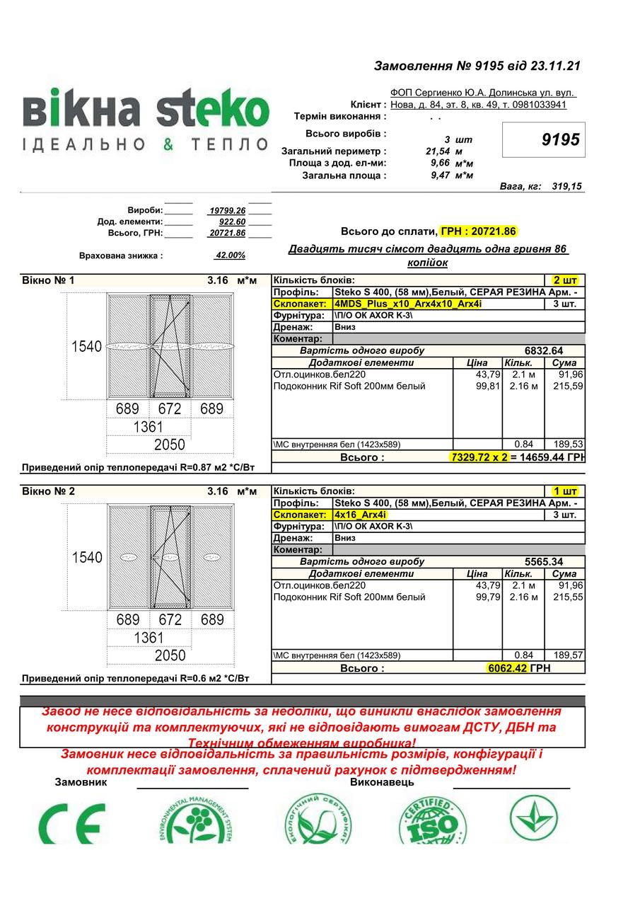 Оплата частинами на 6 місяців Ляшенко Юлія Миколаівна залишок по замовленню 9195, сума 10800 грн