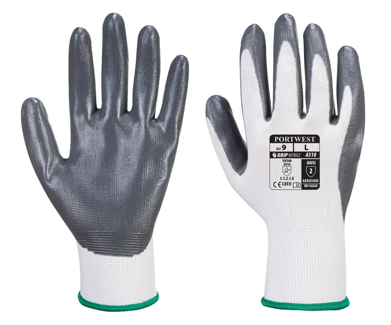 Робочі рукавички з нітриловим покриттям Portwest Flexo Grip A310 Сірий/Білий, L Рукавички з покриттям
