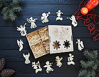Новогодние ёлочные ангелы игрушки из дерева. Комплект игрушек с коробкой на 4 отсека. Корпоративные подарки
