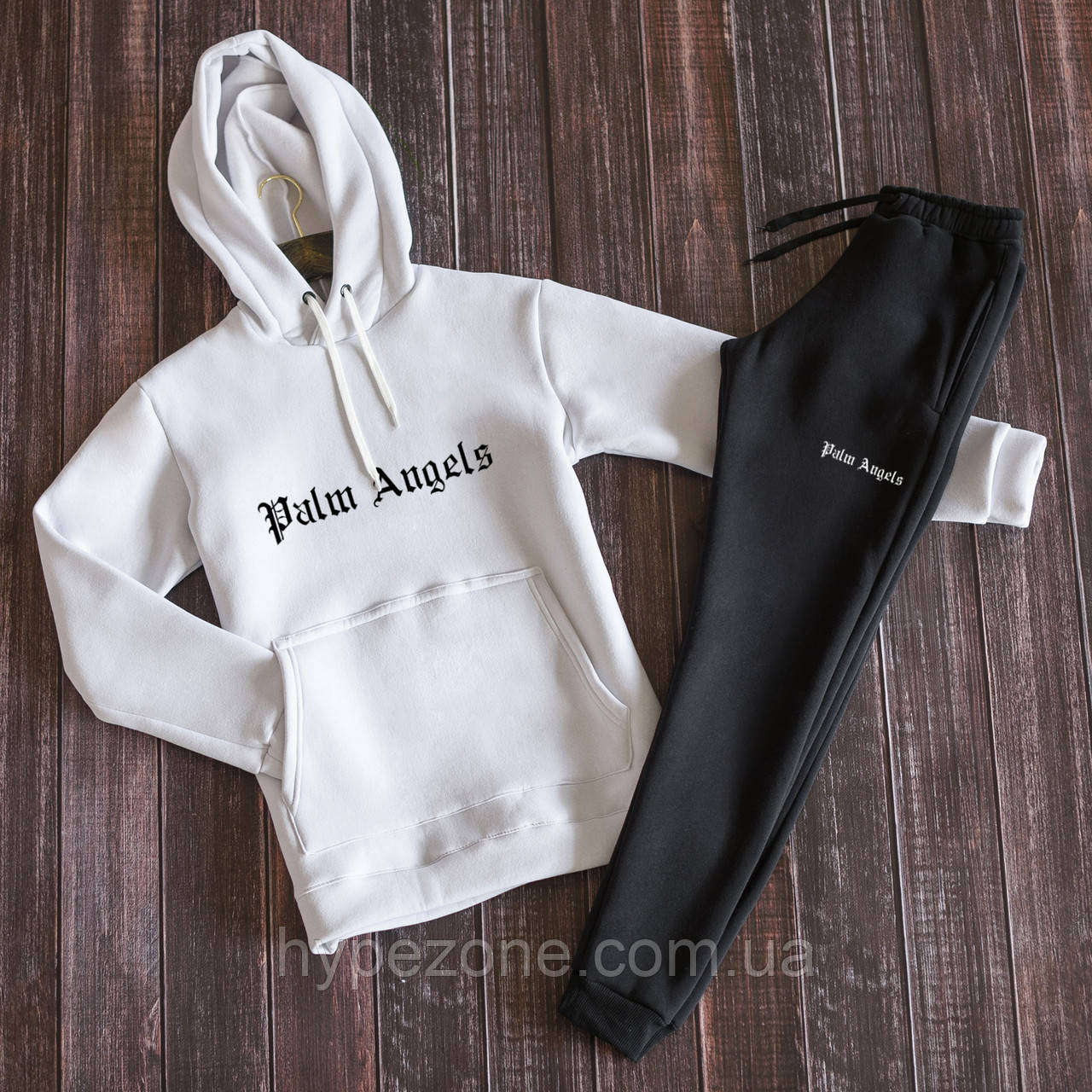 Чоловічий костюм Palm Angeles біла Кофта з капюшоном логотип Пальм Енжелс Кенгуру та чорні Штани Палм Анджелс
