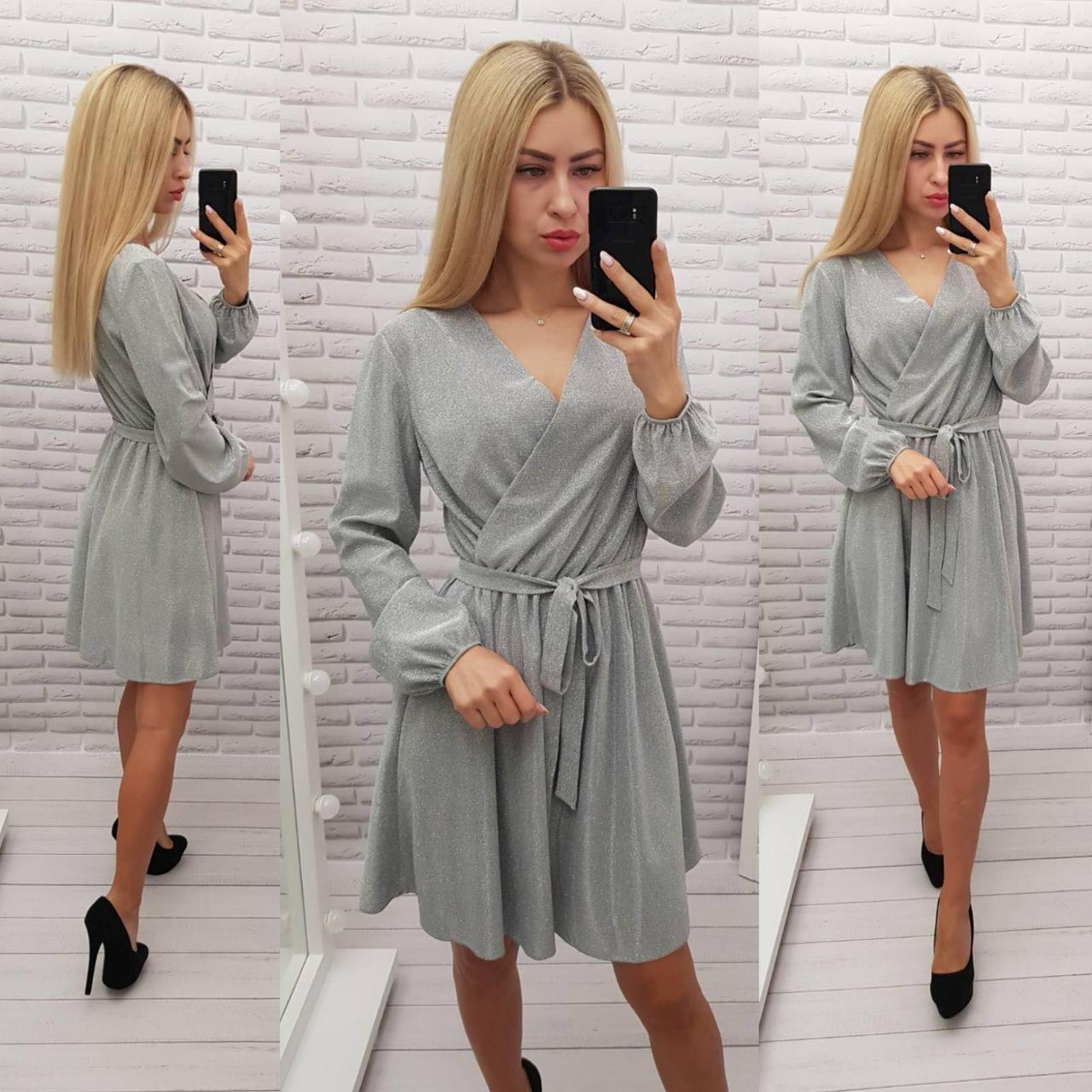 Нова колекція!! Ошатне жіночне плаття з люрексу, імітація на запах, арт 436, колір срібло