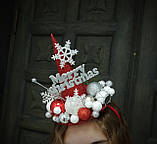 Новорічний аксесуар для дорослих. Новорічний червоний капелюшок на обручі з кульками, фото 4