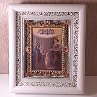 Икона Введение во храм пресвятой Богородицы, лик 10х12 см, в белом деревянном киоте с камнями