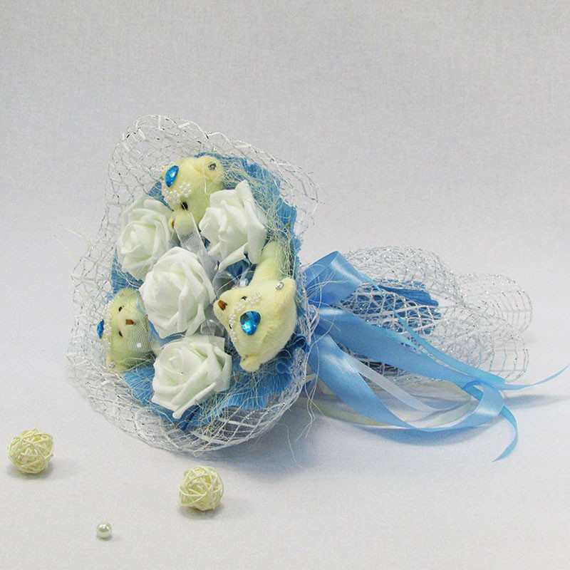 Букет із іграшок Ведмедики 3 з трояндами блакитний, фото 1