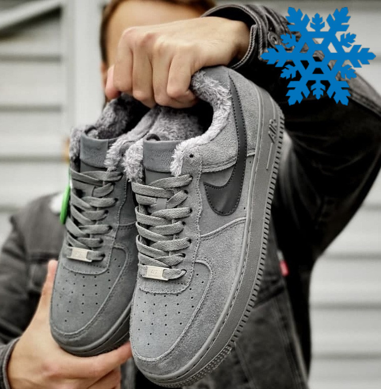 Зимние мужские кроссовки Nike Force 1 low с мехом теплые замша серые. Фото в Ботинки зимние - купить по лучшей цене в Киеве от компании "Bootlands - интернет-магазин обуви