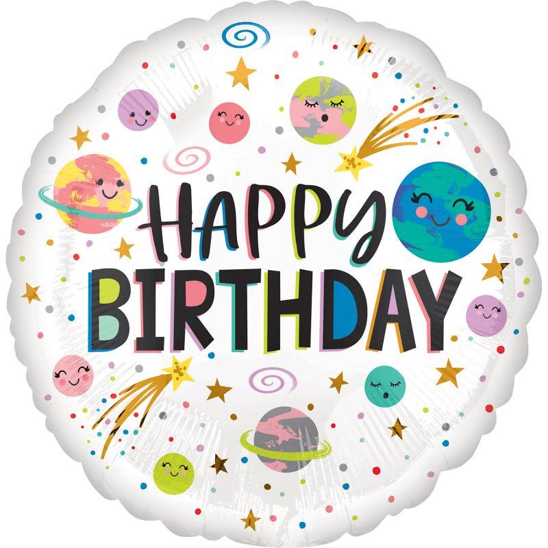 Фольгована кулька круг "Happy Birthday космос" біла 18"(45см) 1шт.