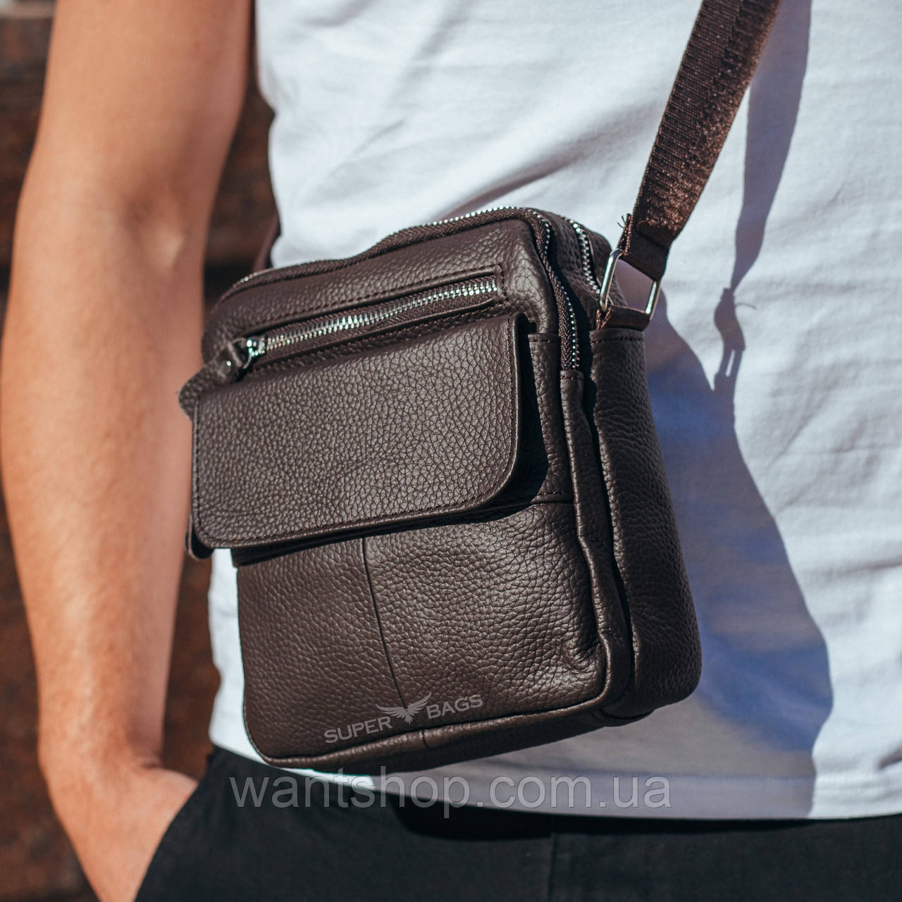 Мужская кожаная сумка-барсетка через плече Tiding Bag SK N7689 коричневая