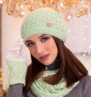 Теплый женский комплект из ангоры.Женская стильная шапка ангора + снуд + перчатки "Нежная зелень"