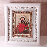Икона Иоанн Сочавский святой великомученник, лик 10х12 см, в белом деревянном киоте с камнями