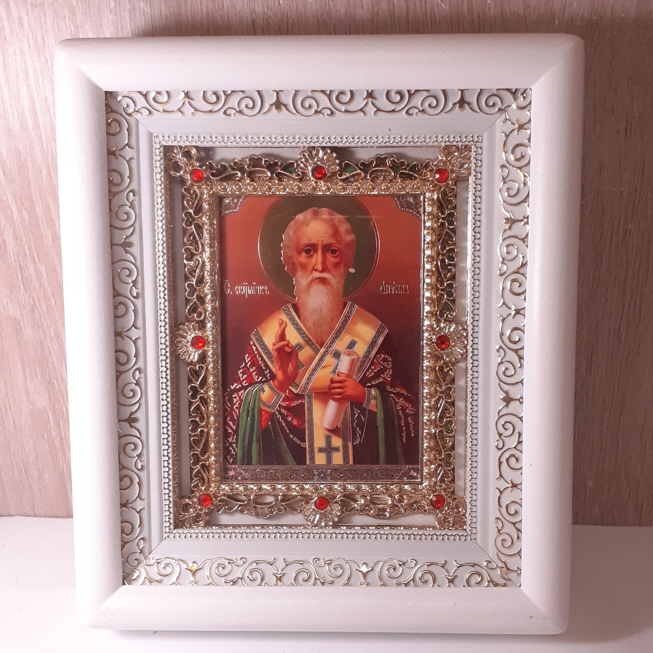 Ікона Антип Пергамський святий священномученик, лик 10х12 см, у білому дерев'яному кіоті з камінням