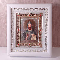 Икона Кирилл святой равноапостольный, лик 10х12 см, в белом деревянном киоте с камнями