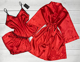 Червоний атласний комплект трійка халат і піжама ТМ Exclusive.