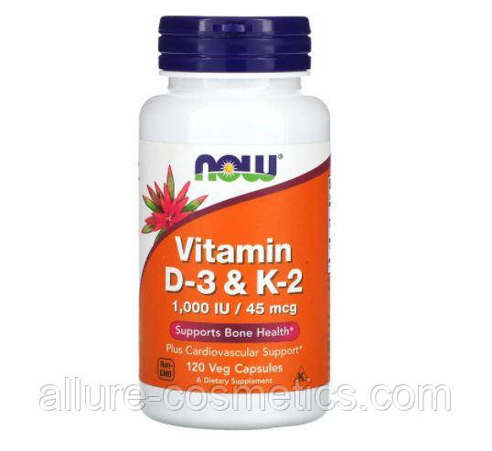 Вітаміни D3 і K2 Now Foods D-3 & K-2 45 mcg (1000IU) 120 рослинних капсул