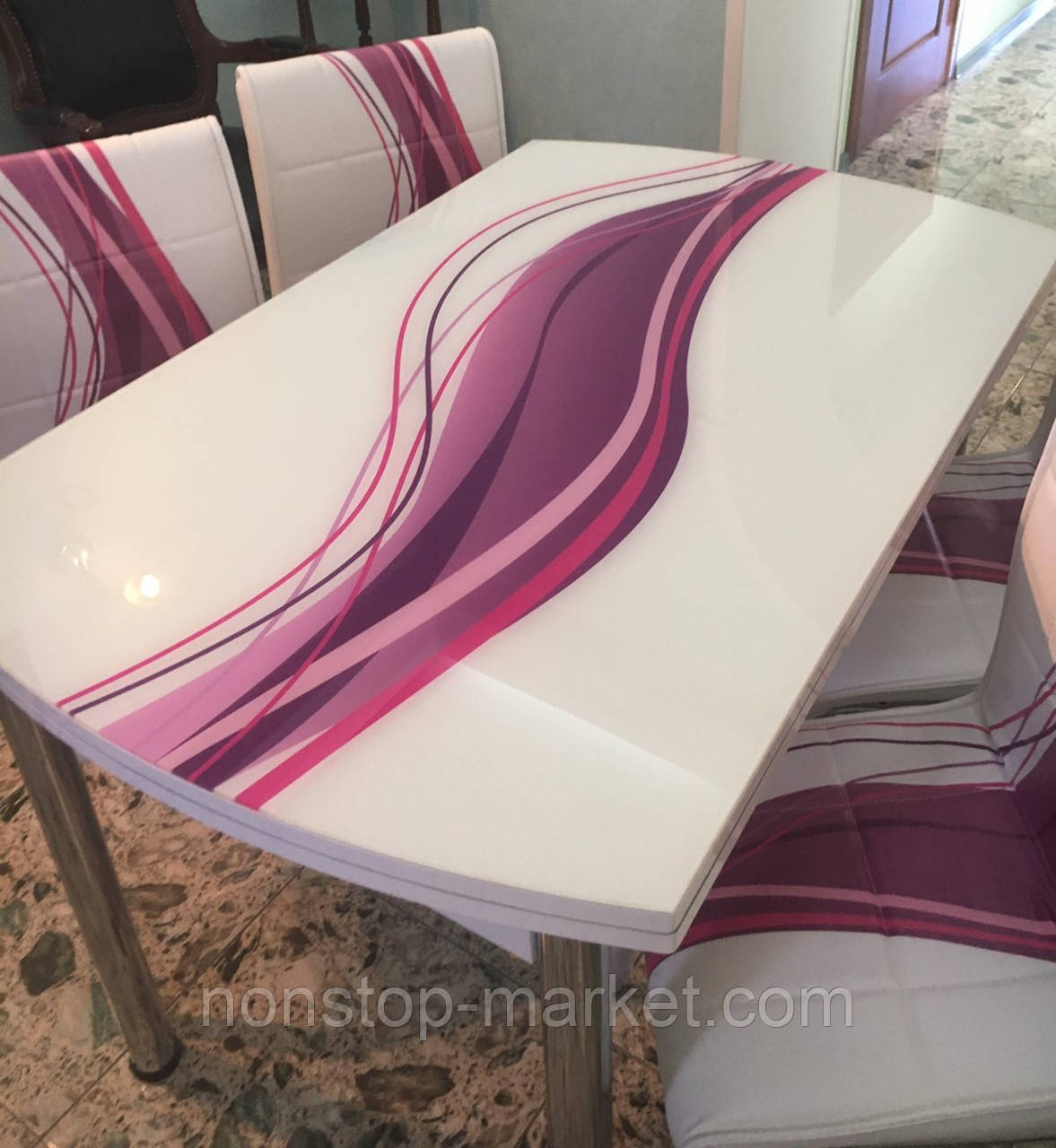 Розкладний обідній кухонний комплект напівовальний стіл і стільці "Фіолетова хвиля" ДСП гартоване скло 75*130 Лотос-М