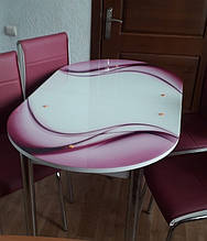 Розкладний обідній кухонний комплект овальний стіл і стільці "Фіолетові хвилі" ДСП гартоване скло 75*130 Лотос-М