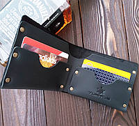 Кожаный мужской кошелек на заклепках черный, удобное кожаное мужское портмоне ручной работы без застежки