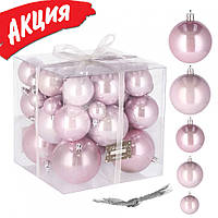Набор елочных шаров Springos от 8 до 3 см 37шт Новогодние пластиковые игрушки на елку Шары из пластика Розовые
