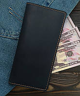 Кожаный мужской кошелек синий для денег и документов, портмоне из натуральной кожи темно-синее