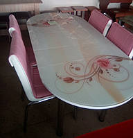 Розкладний обідній кухонний комплект овальний стіл і стільці "Кремова троянда" ДСП гартоване скло 75*130 Лотос-М