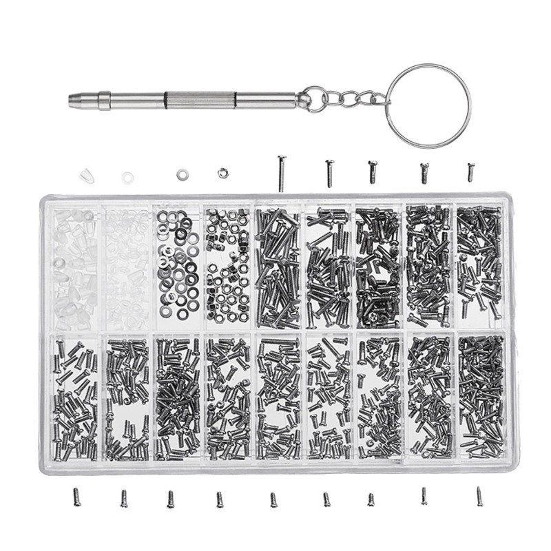 Набір гвинтів, гайок, шайб і трансформованою викрутки для ремонту очок, годин, 1000 шт., фото 1
