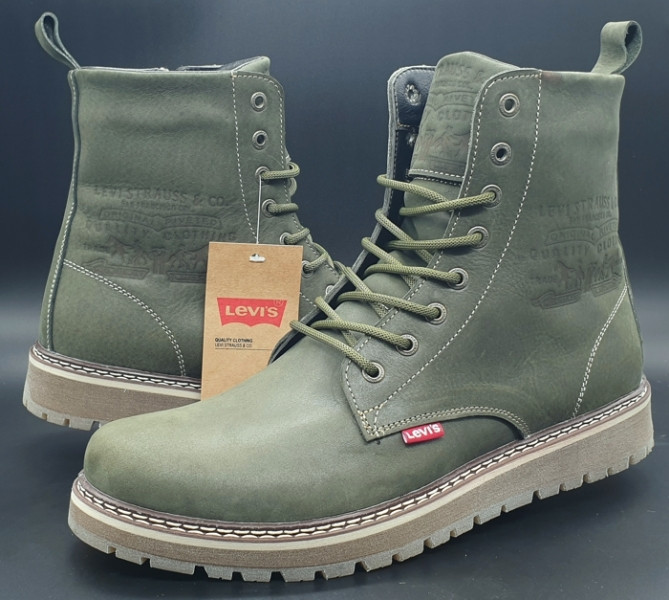 Качественные мужские кожаные зимние ботинки Levis (model-339) олива (шнурок+молния)
