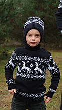 Дитячий в'язаний різдвяний светр " Олені" Гольф Синій 80-152 см