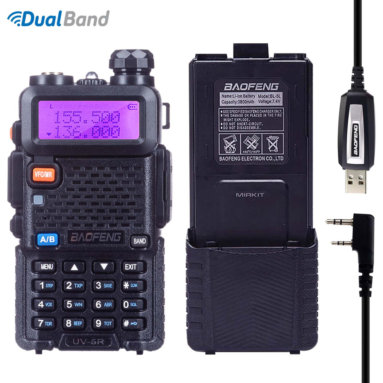 Комплект Рація Baofeng UV-5R UHF/VHF, 5 Вт + батарея BL-5L 3800 маг + USB кабель PL2303