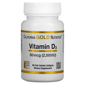 Вітамін D3 Д3 50 мкг (2000 МО) California Gold Nutrition 90 капсул із риб’ячого желатину
