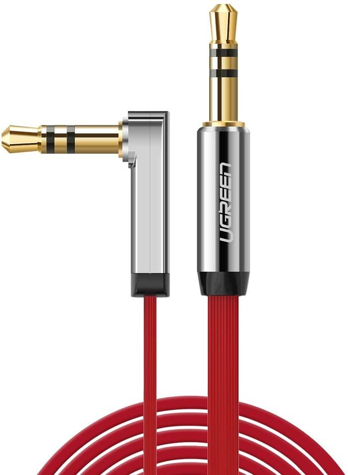 AUX аудіо кабель Ugreen плоский з кутовим алюмінієвим коннектором 3.5 mm червоний 2 м (AV119), фото 1