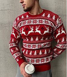 Чоловічий зимовий светр із оленями теплий без коміра червоний. Живе фото