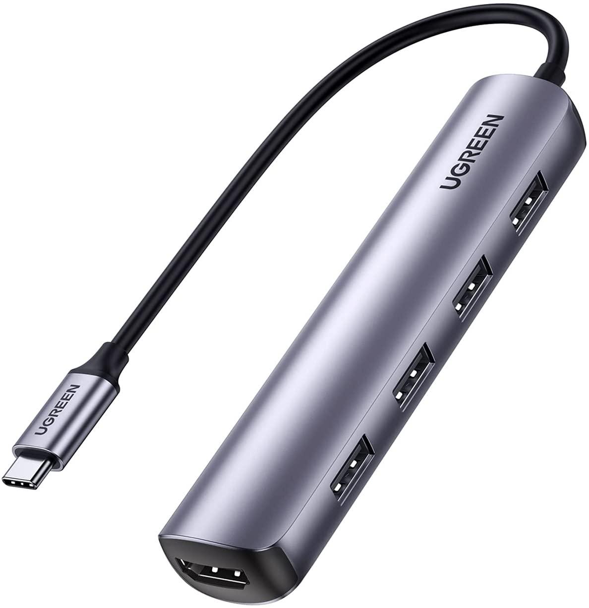 USB-хаб Ugreen USB type-c багато портовий адаптер концентратор 5 в 1 алюмінієвий 15 см Grey (CM417)