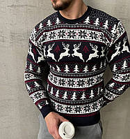 Мужской зимний свитер с оленями теплый без воротника синий. Живое фото